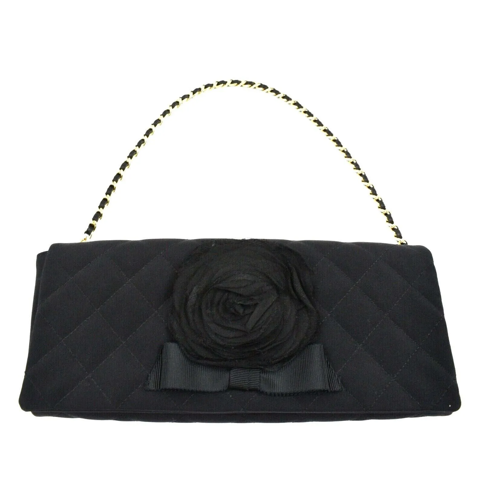 Chanel - Camellia Black Satin Pochette Bag - Gold Chain Strap Quilted