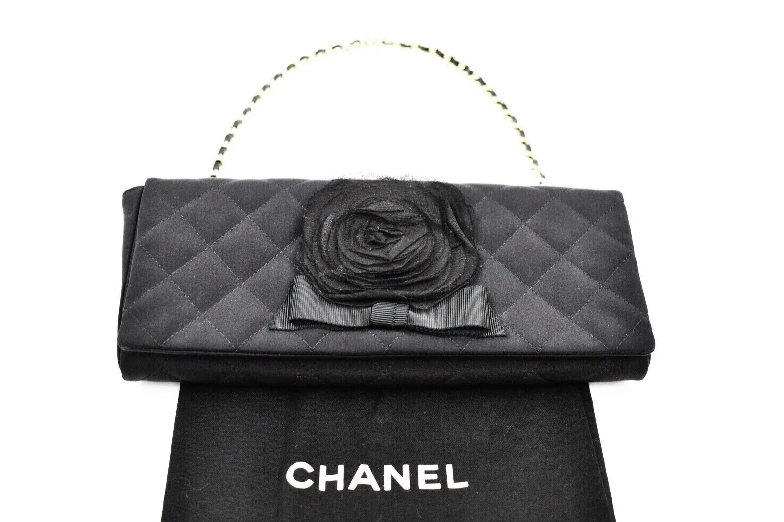 Chanel - Camellia Black Satin Pochette Bag - Gold Chain Strap Quilted