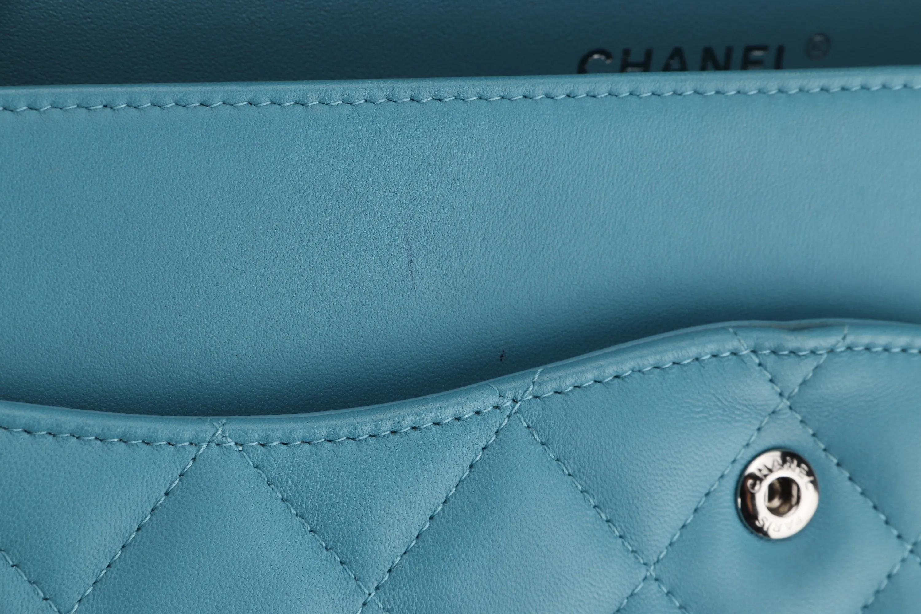 CHANEL CLASSIC FLAP (1943xxxx) JUMBO TURQUOISE COLOR LAMBSKIN SILVER HARDWARE, WITH CARD, NO DUST COVER