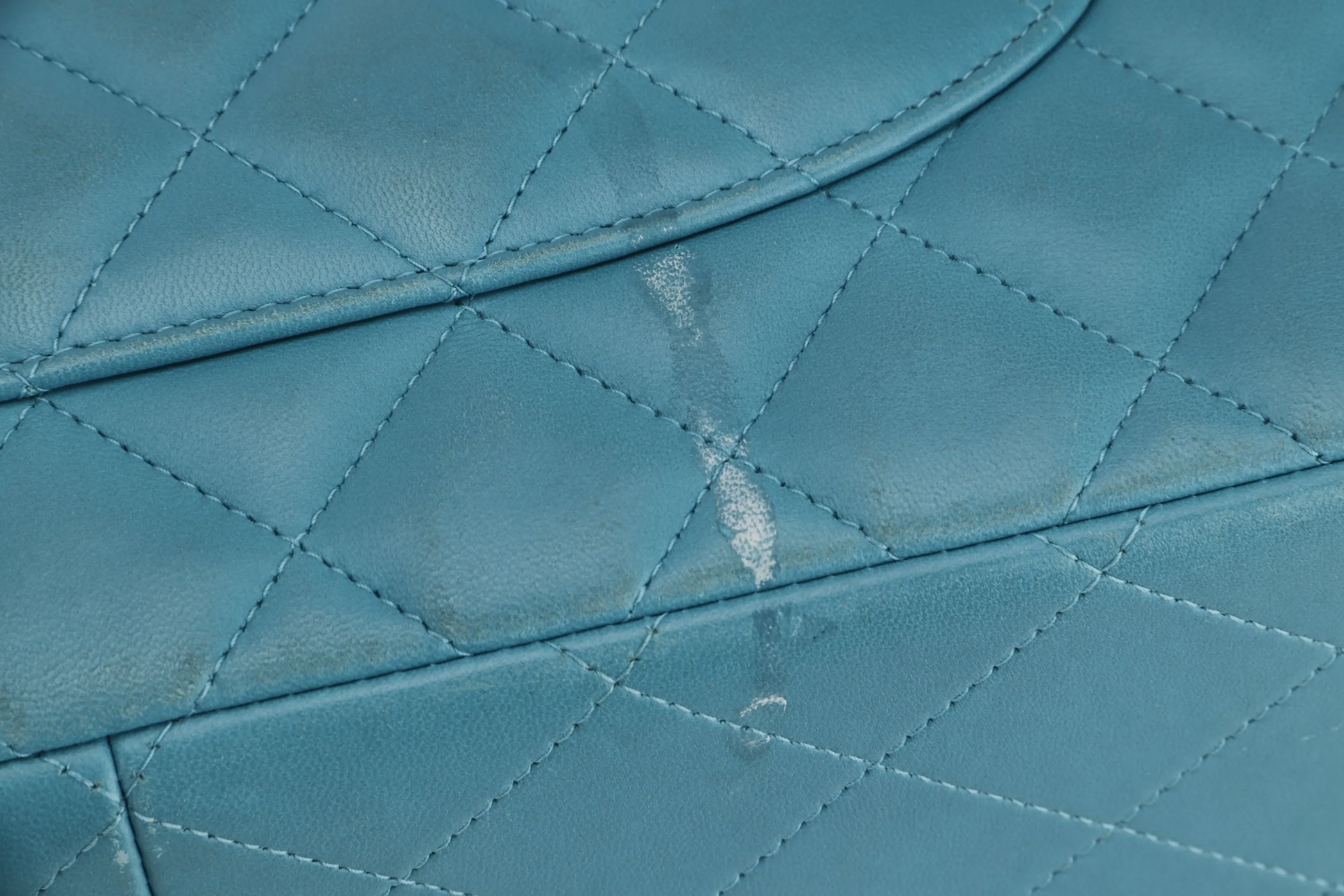 CHANEL CLASSIC FLAP (1943xxxx) JUMBO TURQUOISE COLOR LAMBSKIN SILVER HARDWARE, WITH CARD, NO DUST COVER