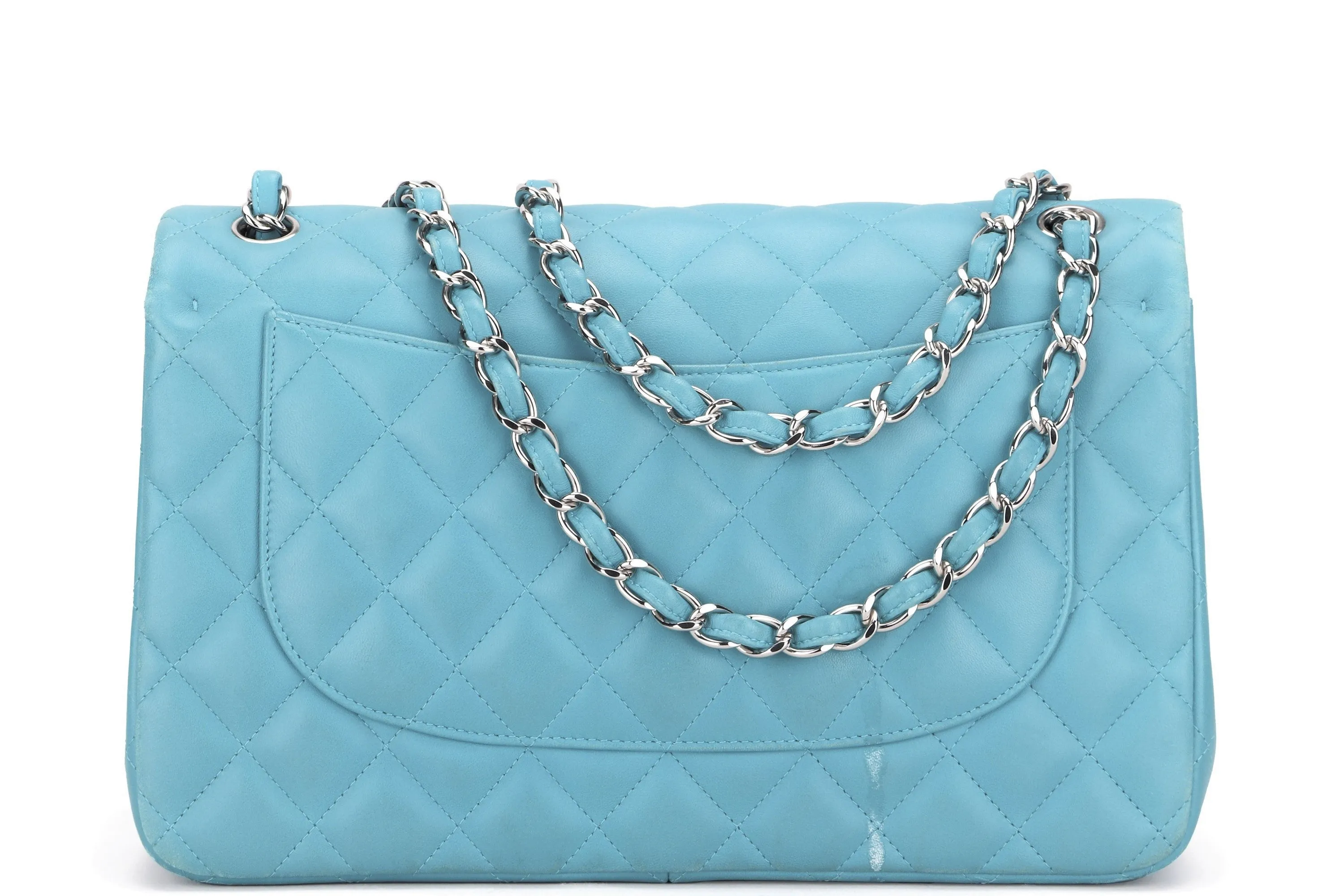 CHANEL CLASSIC FLAP (1943xxxx) JUMBO TURQUOISE COLOR LAMBSKIN SILVER HARDWARE, WITH CARD, NO DUST COVER