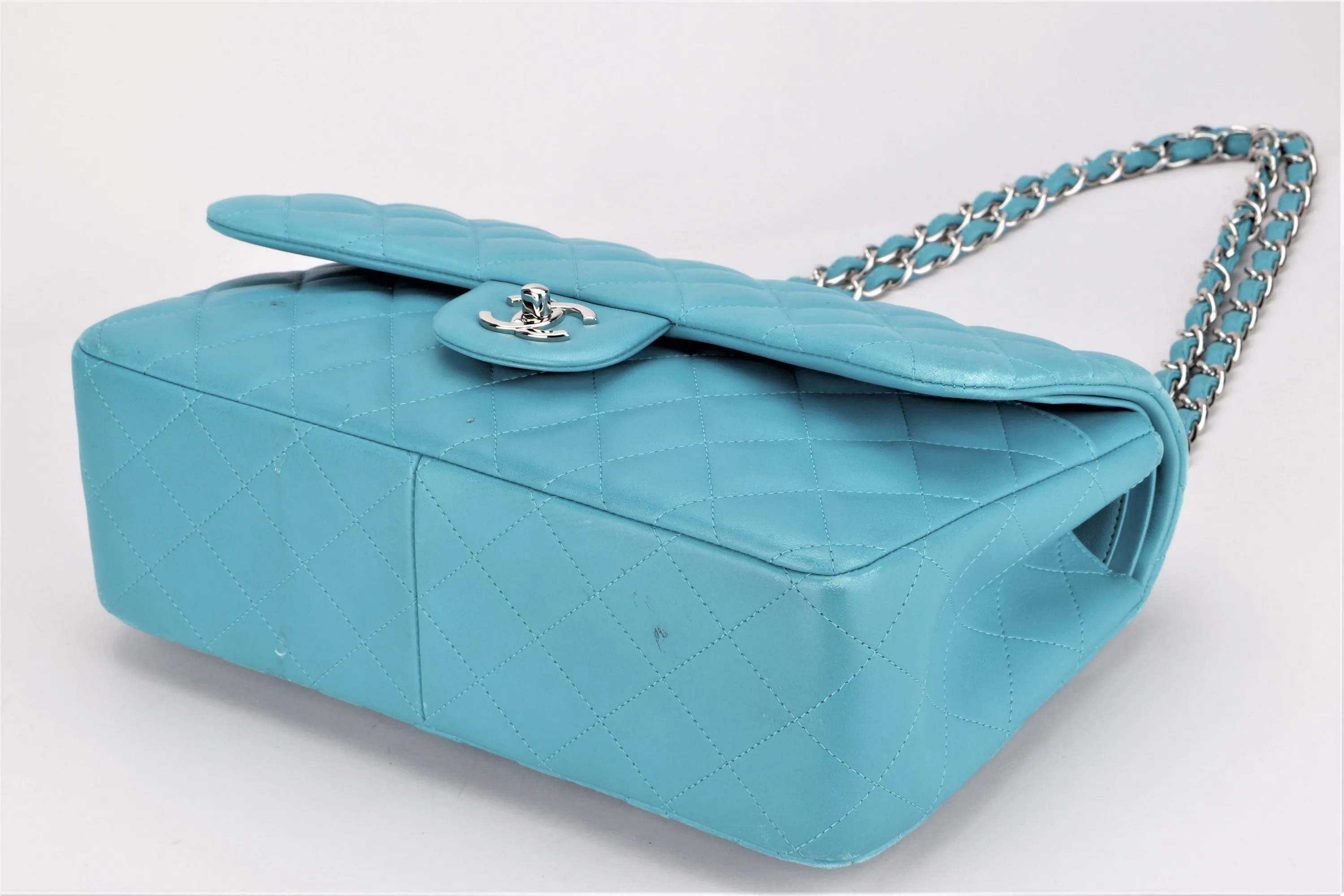 CHANEL CLASSIC FLAP (1943xxxx) JUMBO TURQUOISE COLOR LAMBSKIN SILVER HARDWARE, WITH CARD, NO DUST COVER