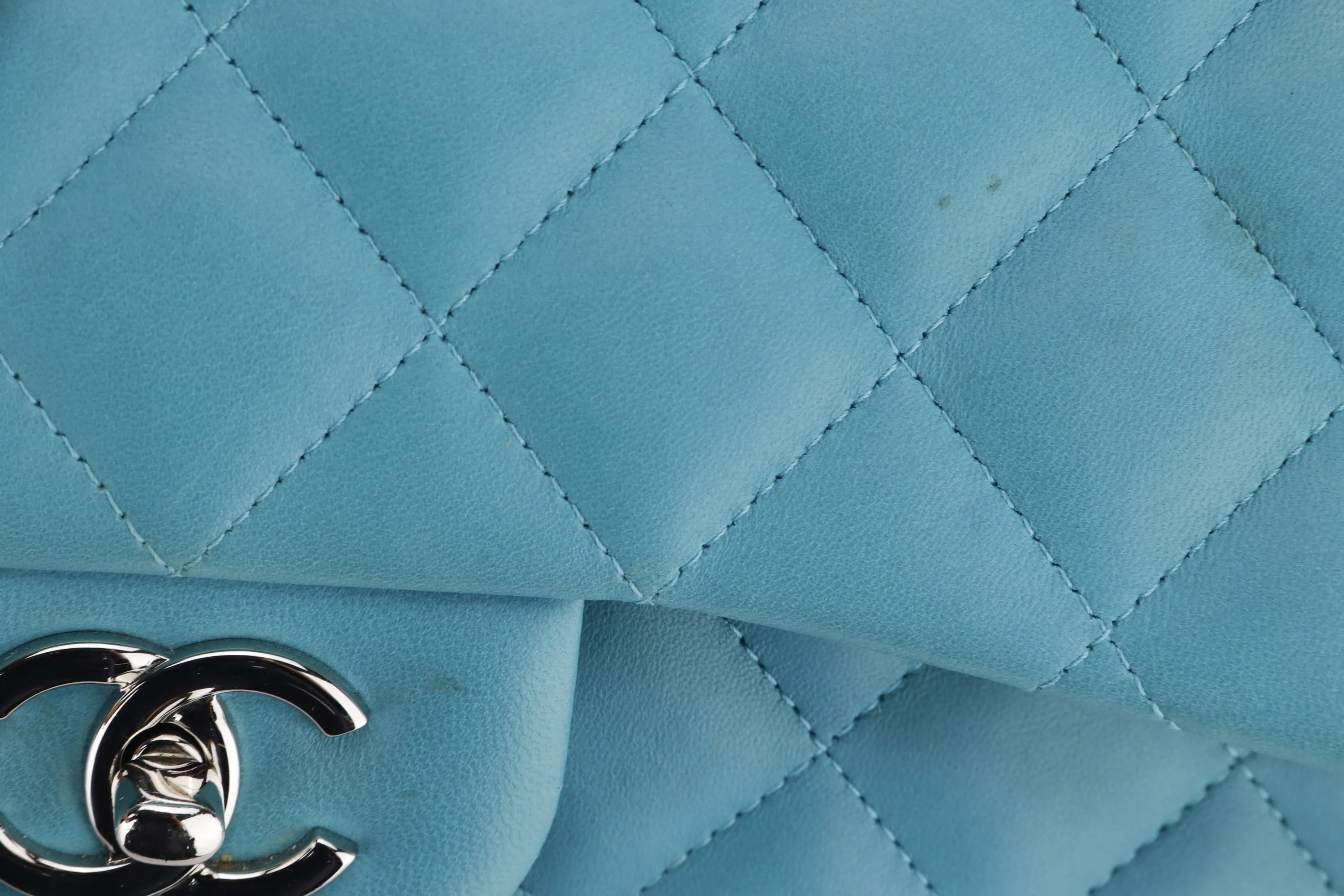 CHANEL CLASSIC FLAP (1943xxxx) JUMBO TURQUOISE COLOR LAMBSKIN SILVER HARDWARE, WITH CARD, NO DUST COVER