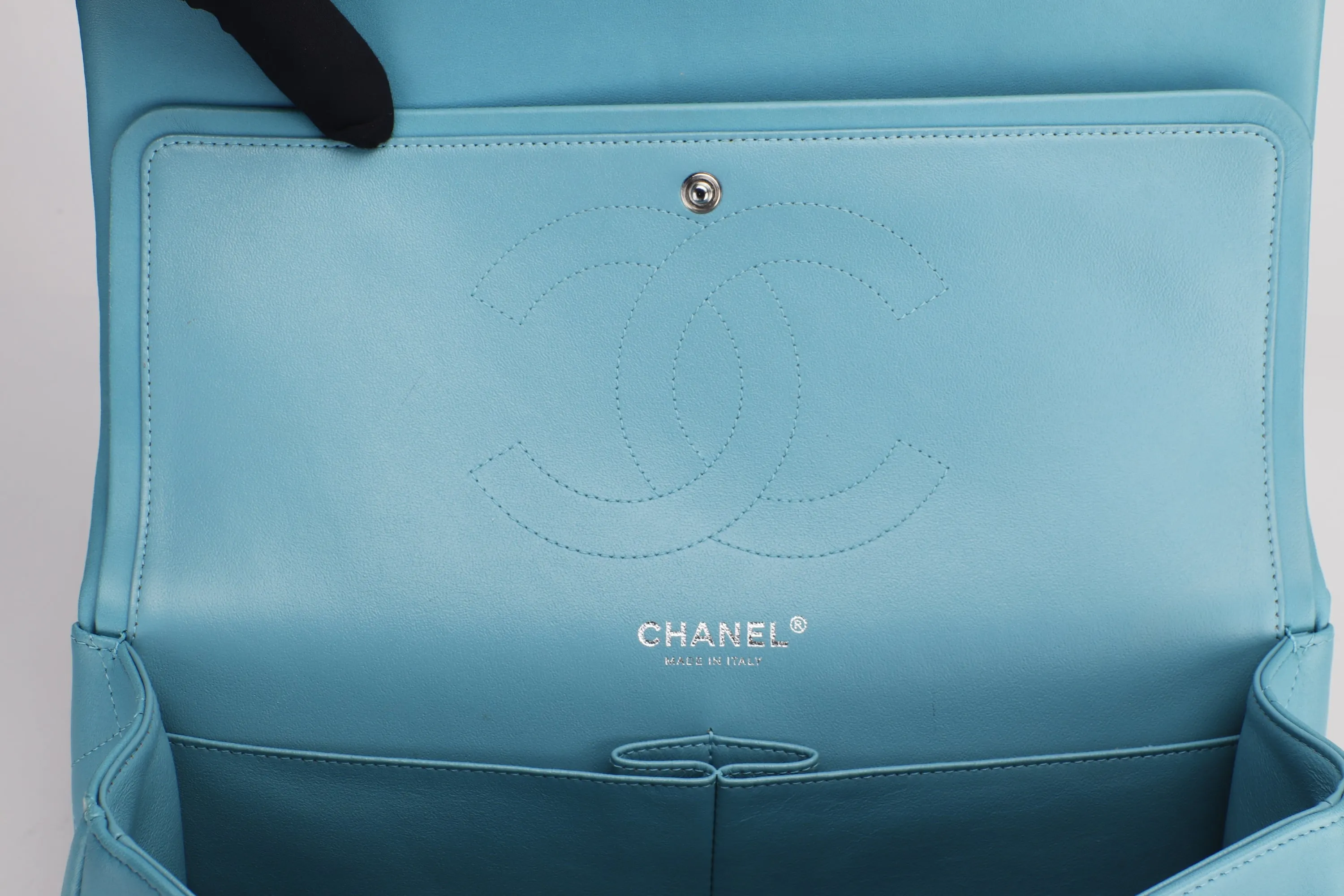 CHANEL CLASSIC FLAP (1943xxxx) JUMBO TURQUOISE COLOR LAMBSKIN SILVER HARDWARE, WITH CARD, NO DUST COVER