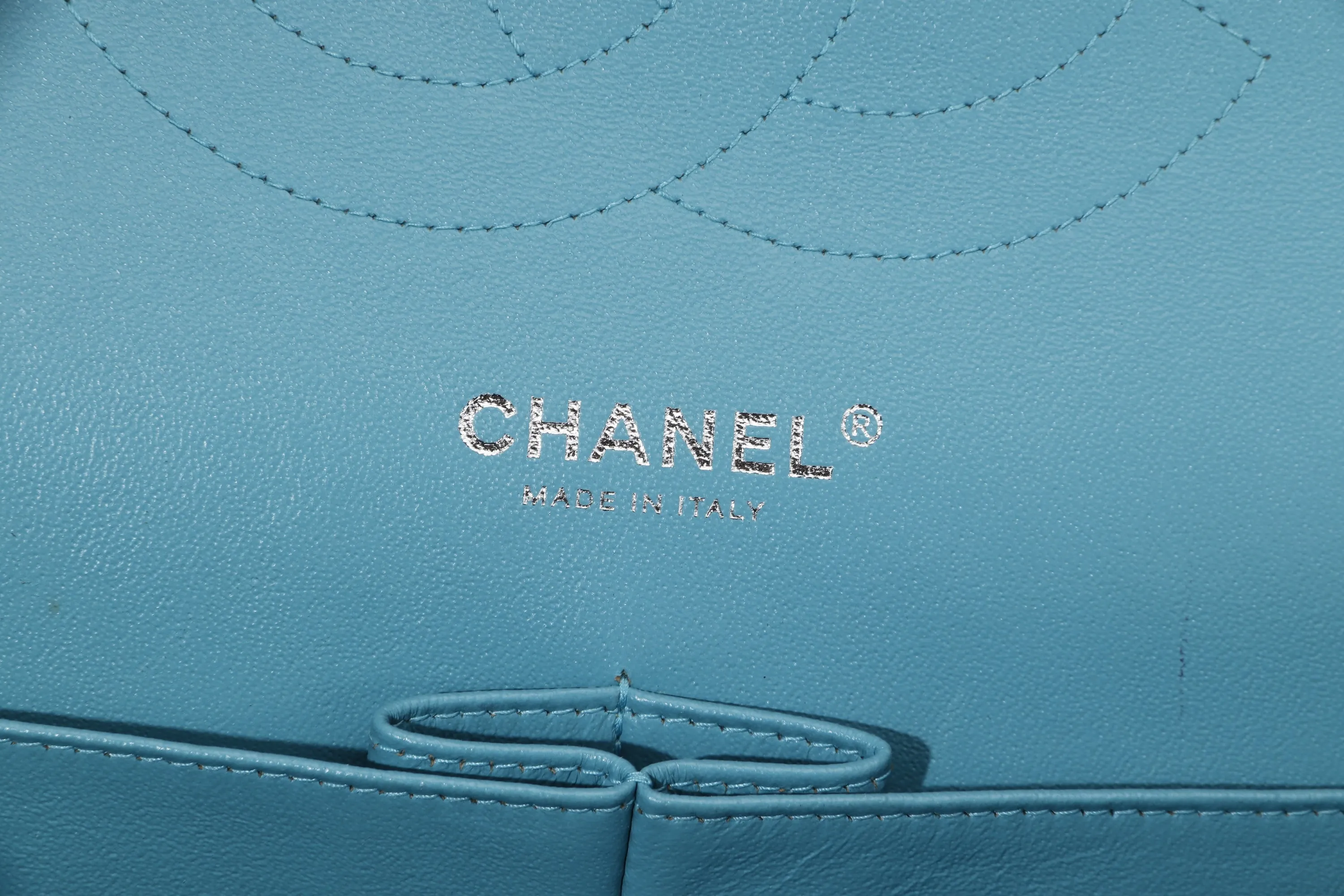 CHANEL CLASSIC FLAP (1943xxxx) JUMBO TURQUOISE COLOR LAMBSKIN SILVER HARDWARE, WITH CARD, NO DUST COVER