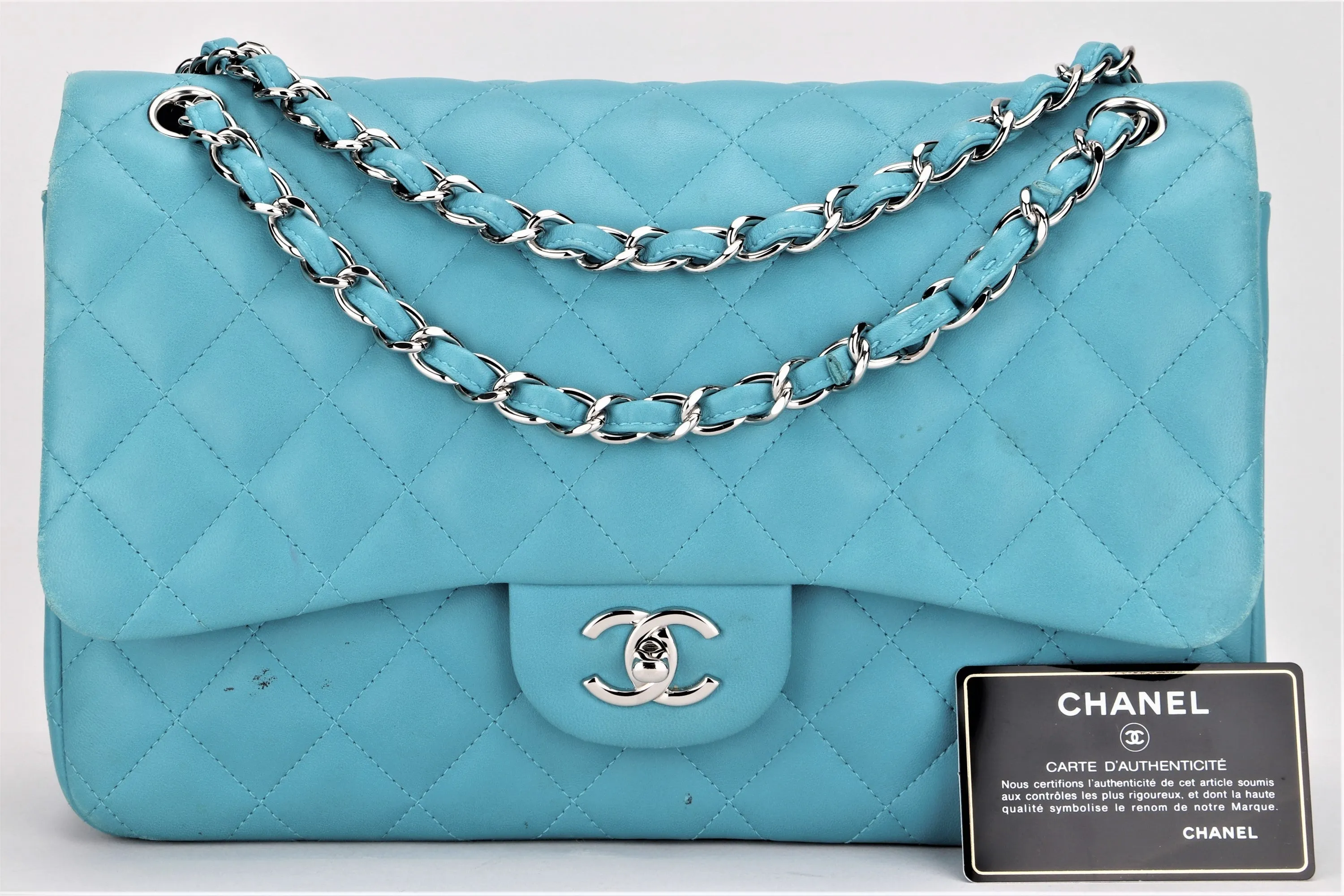 CHANEL CLASSIC FLAP (1943xxxx) JUMBO TURQUOISE COLOR LAMBSKIN SILVER HARDWARE, WITH CARD, NO DUST COVER