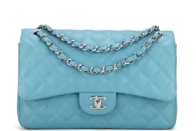 CHANEL CLASSIC FLAP (1943xxxx) JUMBO TURQUOISE COLOR LAMBSKIN SILVER HARDWARE, WITH CARD, NO DUST COVER