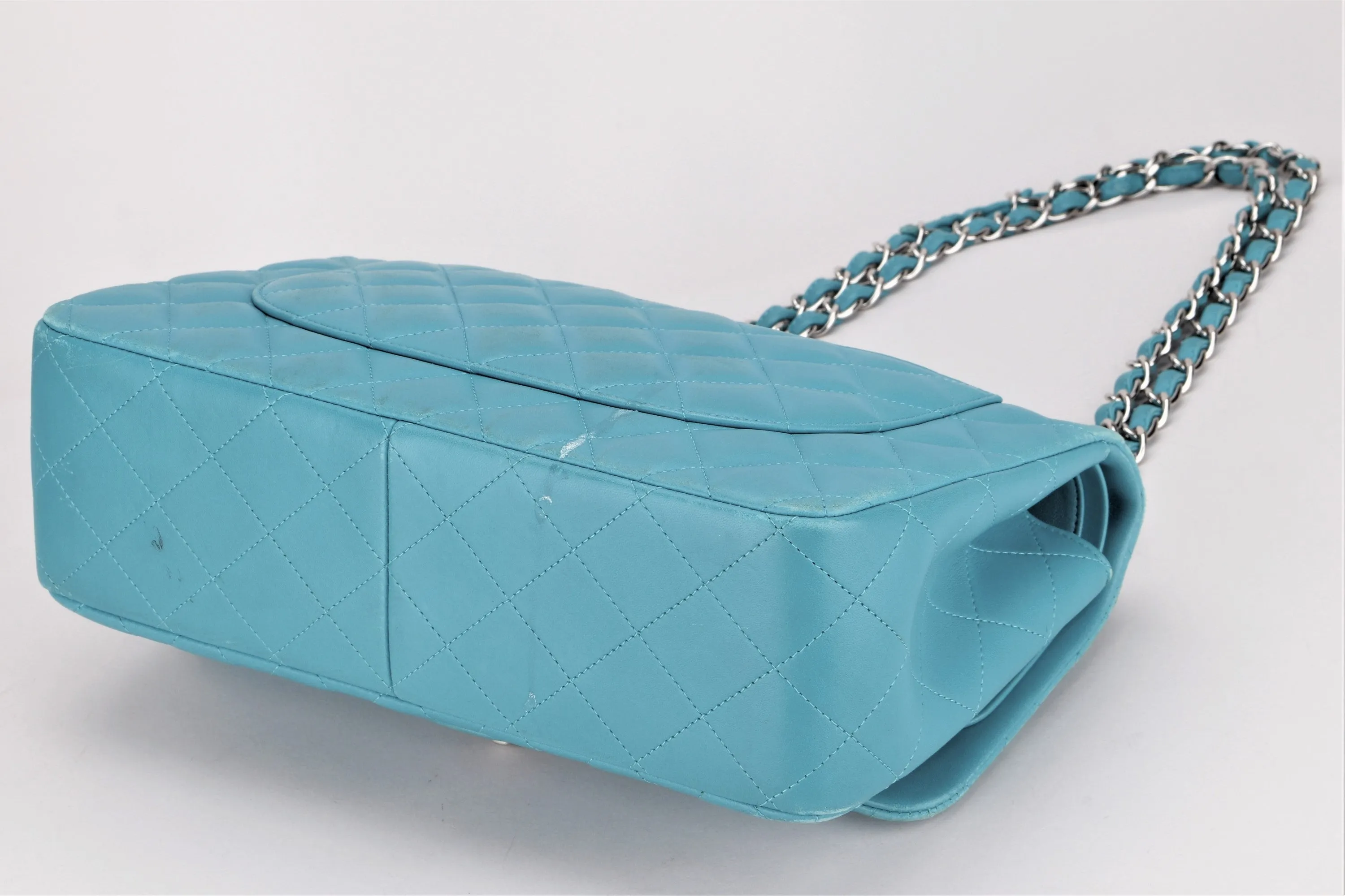 CHANEL CLASSIC FLAP (1943xxxx) JUMBO TURQUOISE COLOR LAMBSKIN SILVER HARDWARE, WITH CARD, NO DUST COVER