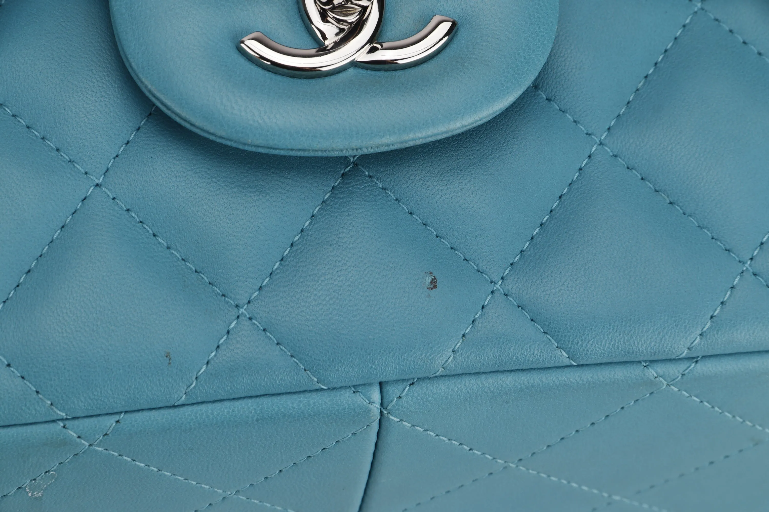 CHANEL CLASSIC FLAP (1943xxxx) JUMBO TURQUOISE COLOR LAMBSKIN SILVER HARDWARE, WITH CARD, NO DUST COVER