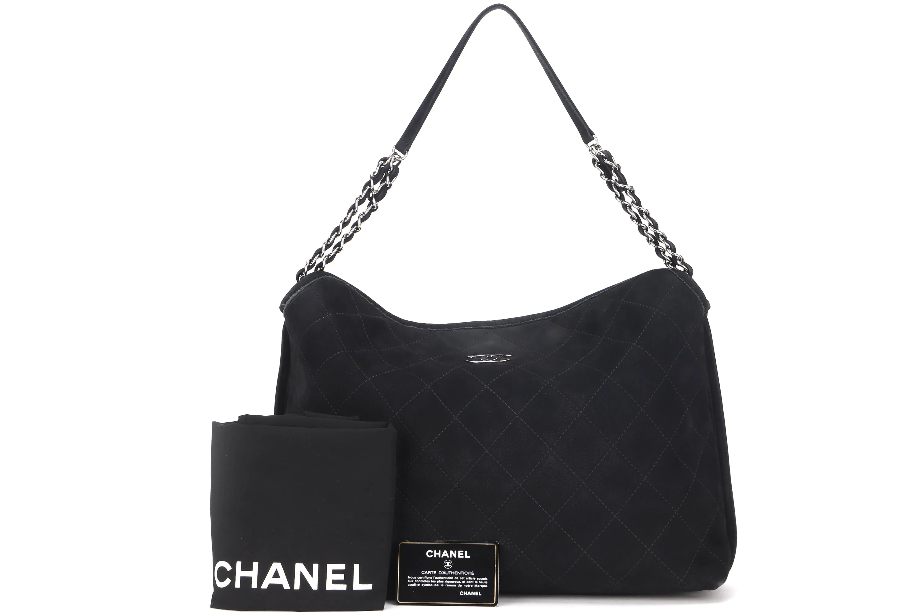 CHANEL FRENCH RIVIERA BAG (1598xxxx) BLACK QUILTED SUEDE SILVER HARDWARE, WITH CARD & DUST COVER