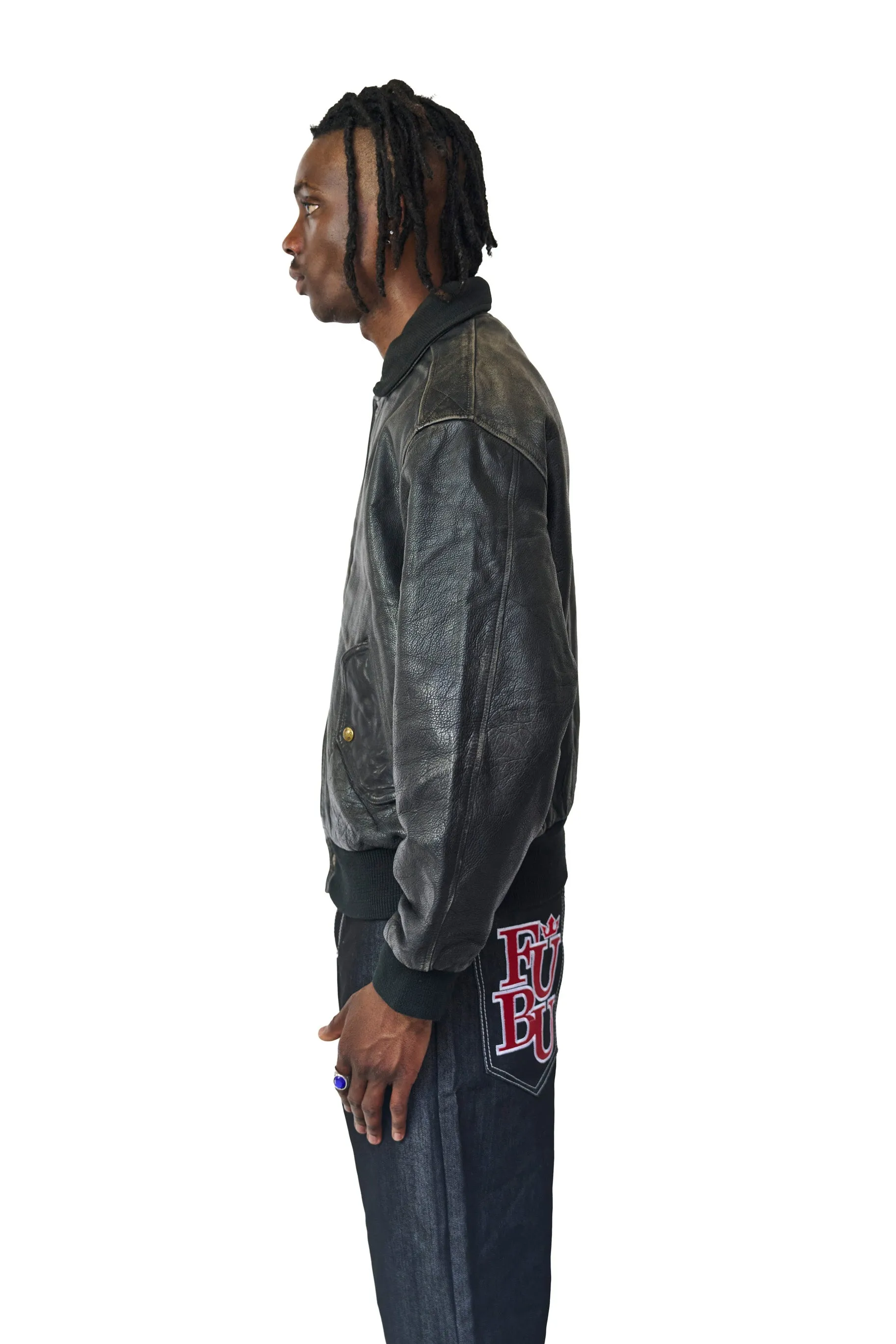 Chevignon Washed Black Classic Leather Bomber Jacket