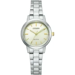 CITIZEN ECO-DRIVE ANALOG SILVER STRAP GOLDEN HANDS LADIES WATCH EM0930-58P