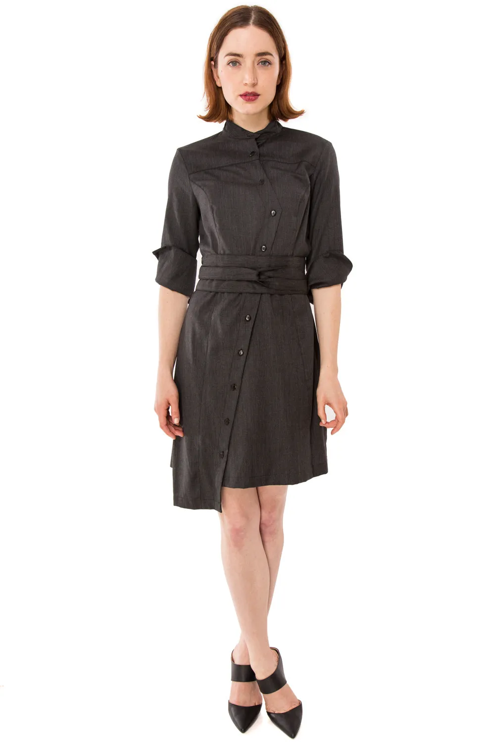 Classic Obi belt Shirtdress w/ 3/4 Sleeves / Wool