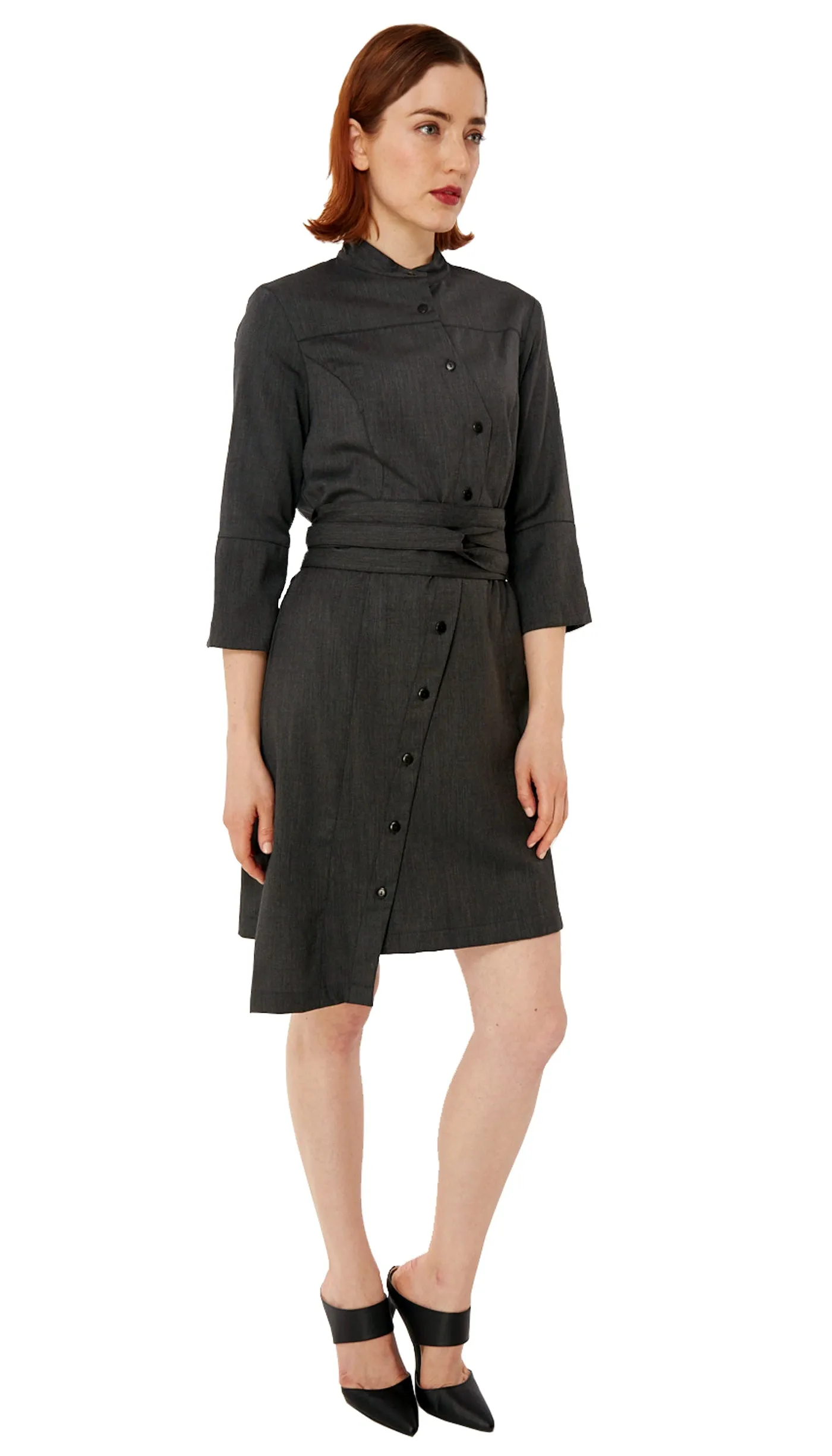 Classic Obi belt Shirtdress w/ 3/4 Sleeves / Wool