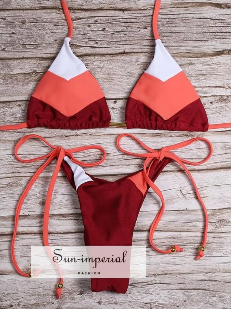 Color Block Orange White Striped Bikini Set Women’s Swimming Suit Halter Drawstring Bathing Suit