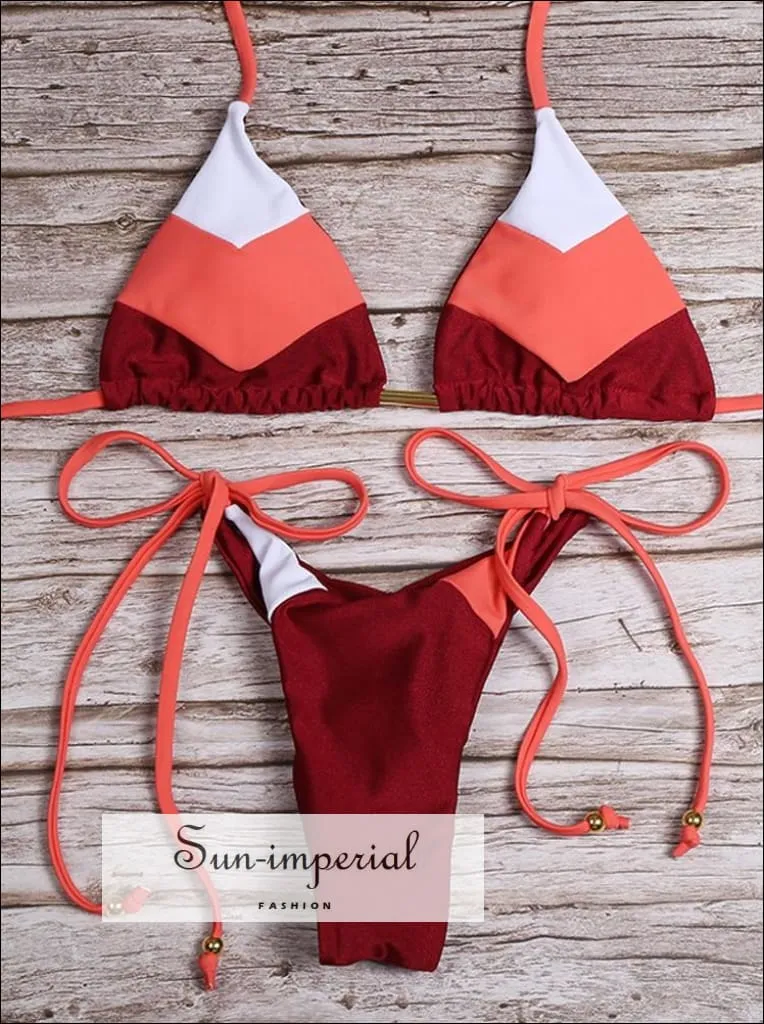 Color Block Orange White Striped Bikini Set Women’s Swimming Suit Halter Drawstring Bathing Suit