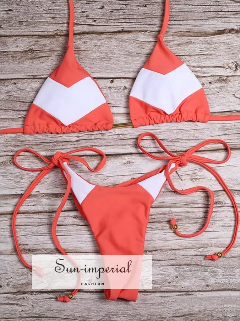 Color Block Orange White Striped Bikini Set Women’s Swimming Suit Halter Drawstring Bathing Suit