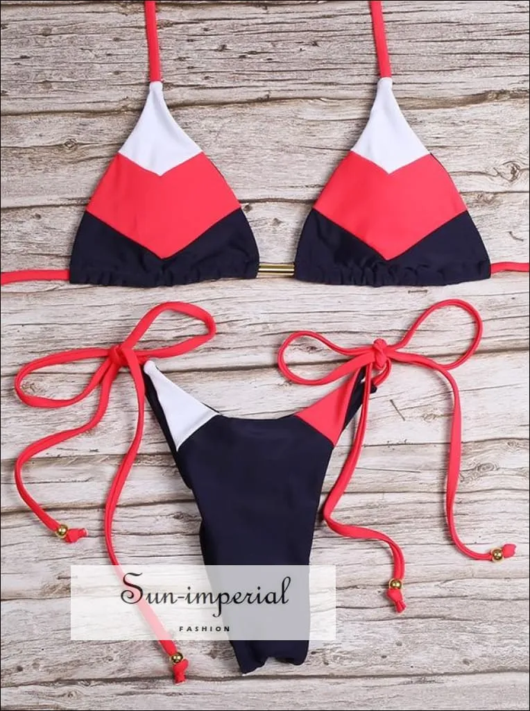 Color Block Orange White Striped Bikini Set Women’s Swimming Suit Halter Drawstring Bathing Suit