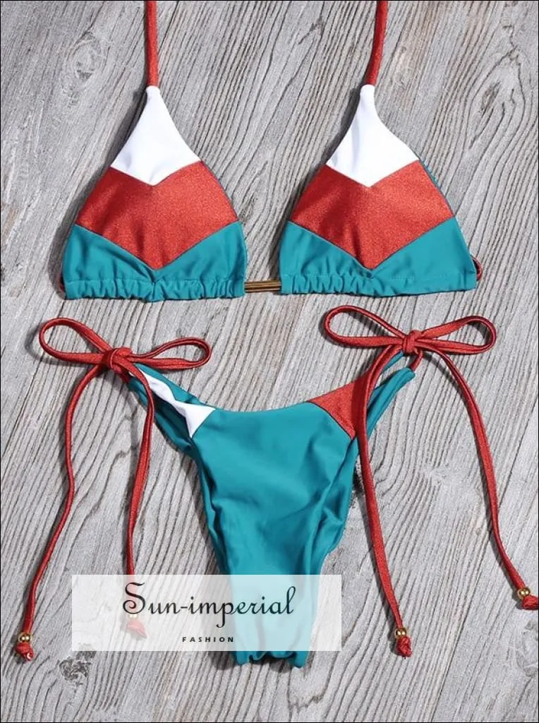 Color Block Orange White Striped Bikini Set Women’s Swimming Suit Halter Drawstring Bathing Suit