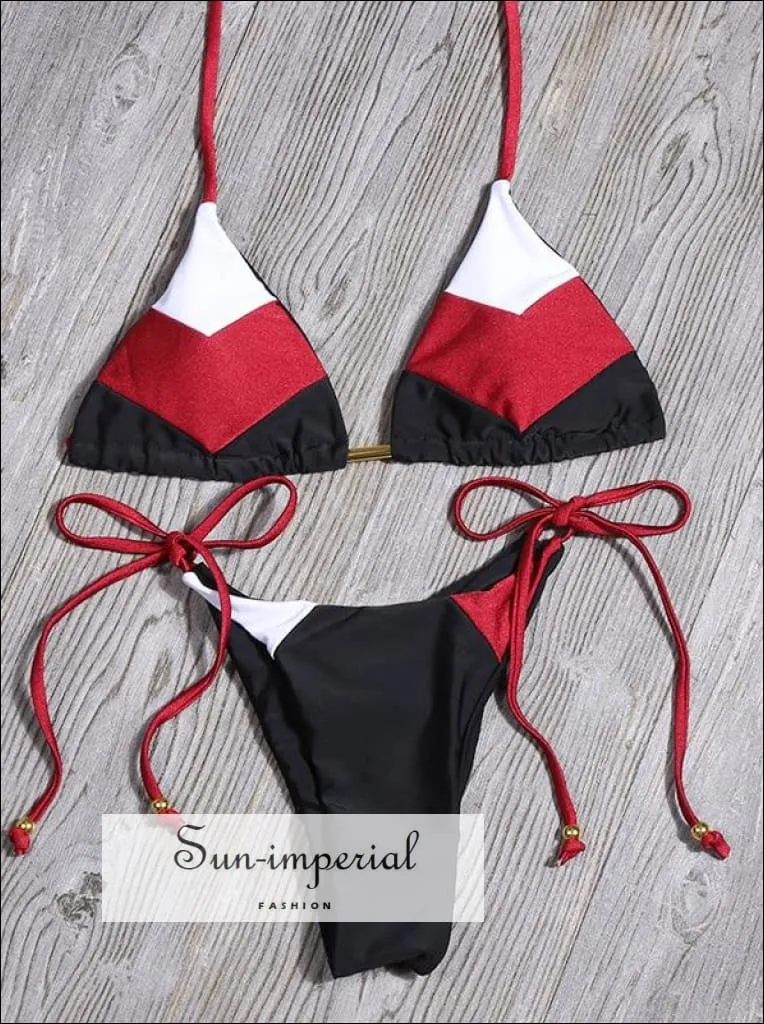 Color Block Orange White Striped Bikini Set Women’s Swimming Suit Halter Drawstring Bathing Suit