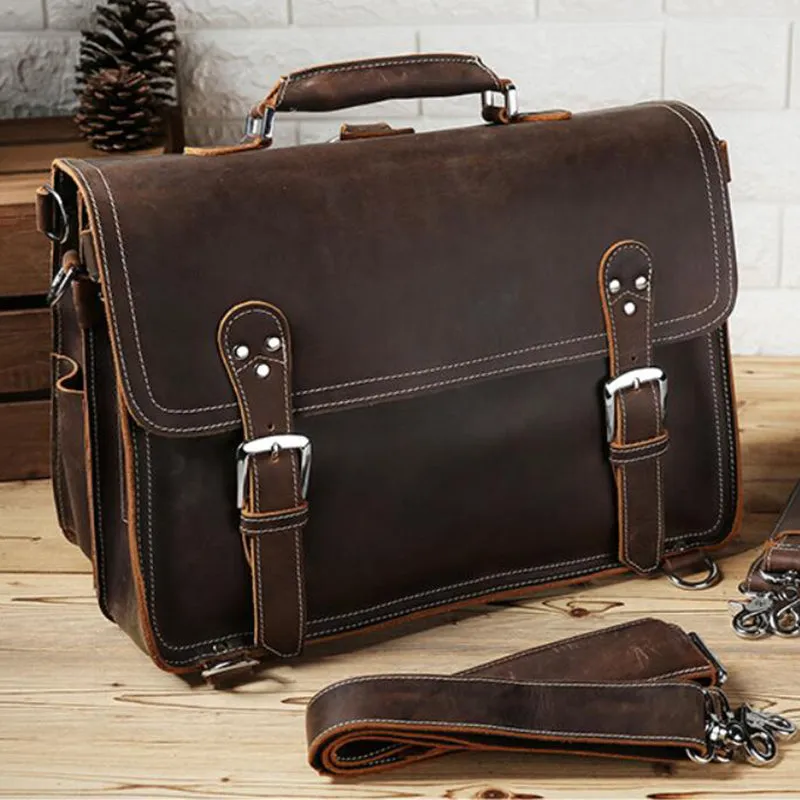 Crazy Horse Leather Briefcase Multifunctional Backpack Men Laptop Shoulder Bag Messenger Bag