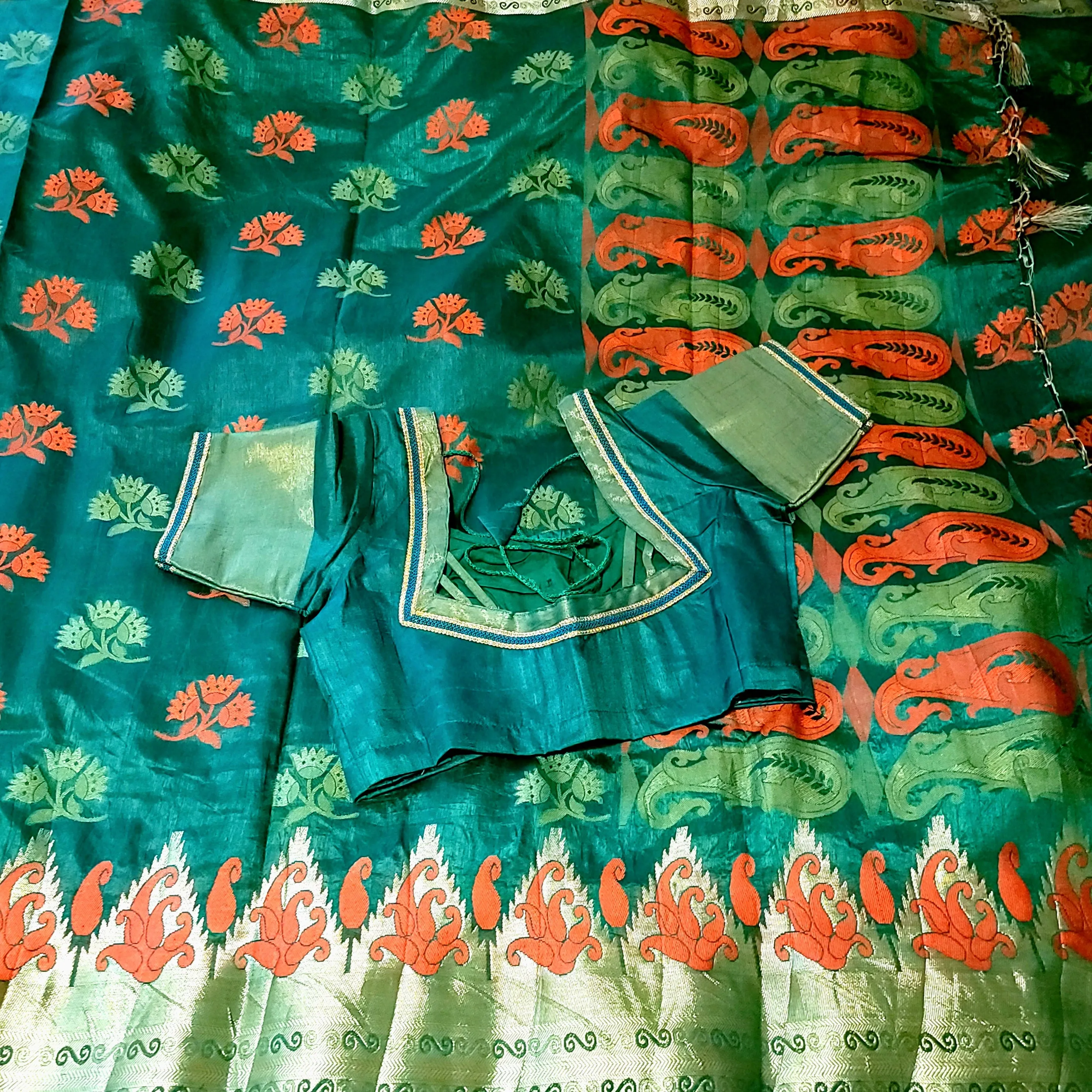 Dark Green Semi Tusser Silk Saree with stitched Blouse