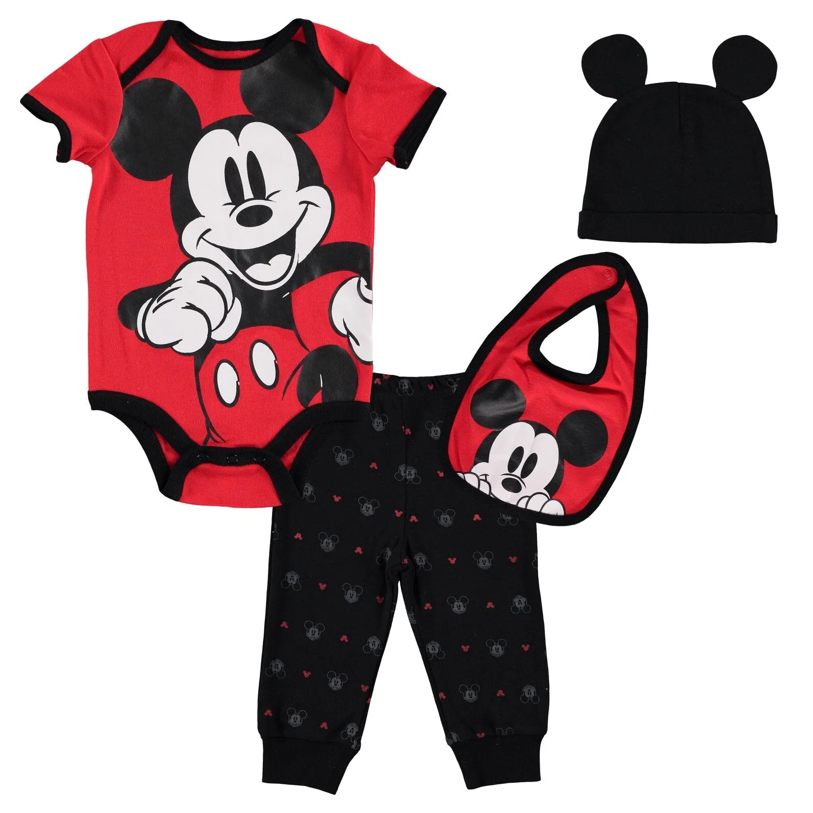 Disney Mickey Mouse Bodysuit Jogger Pants Bib and Hat 4 Piece Outfit Set