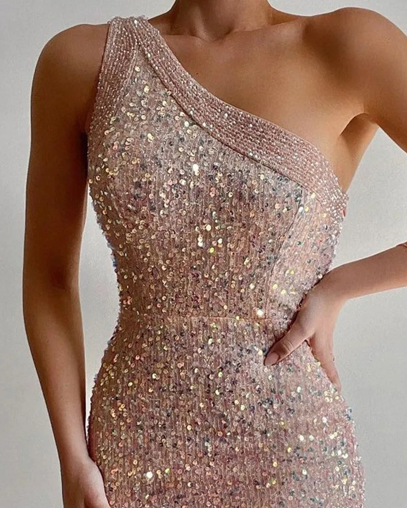 DressBetty - Slanted Shoulder Sequined Dress