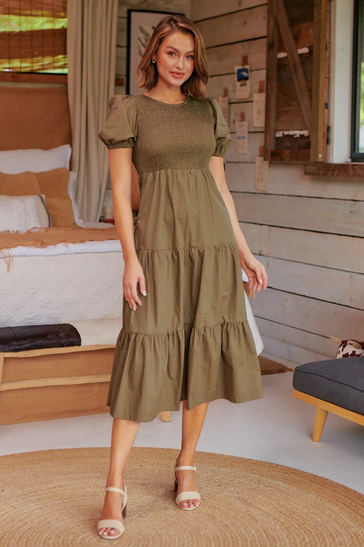 Edna Khaki Shirred Bust Tiered Maxi Dress