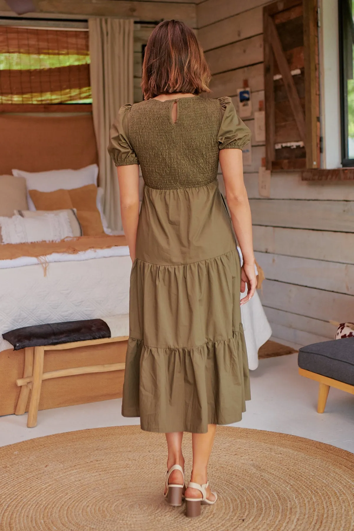 Edna Khaki Shirred Bust Tiered Maxi Dress