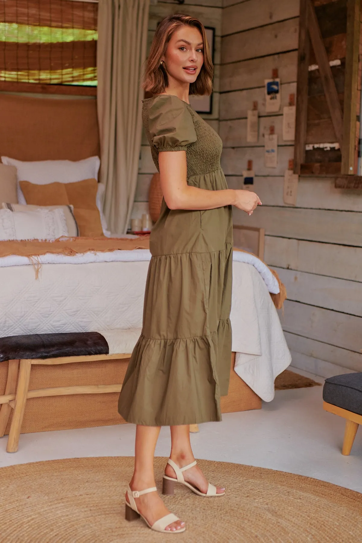 Edna Khaki Shirred Bust Tiered Maxi Dress