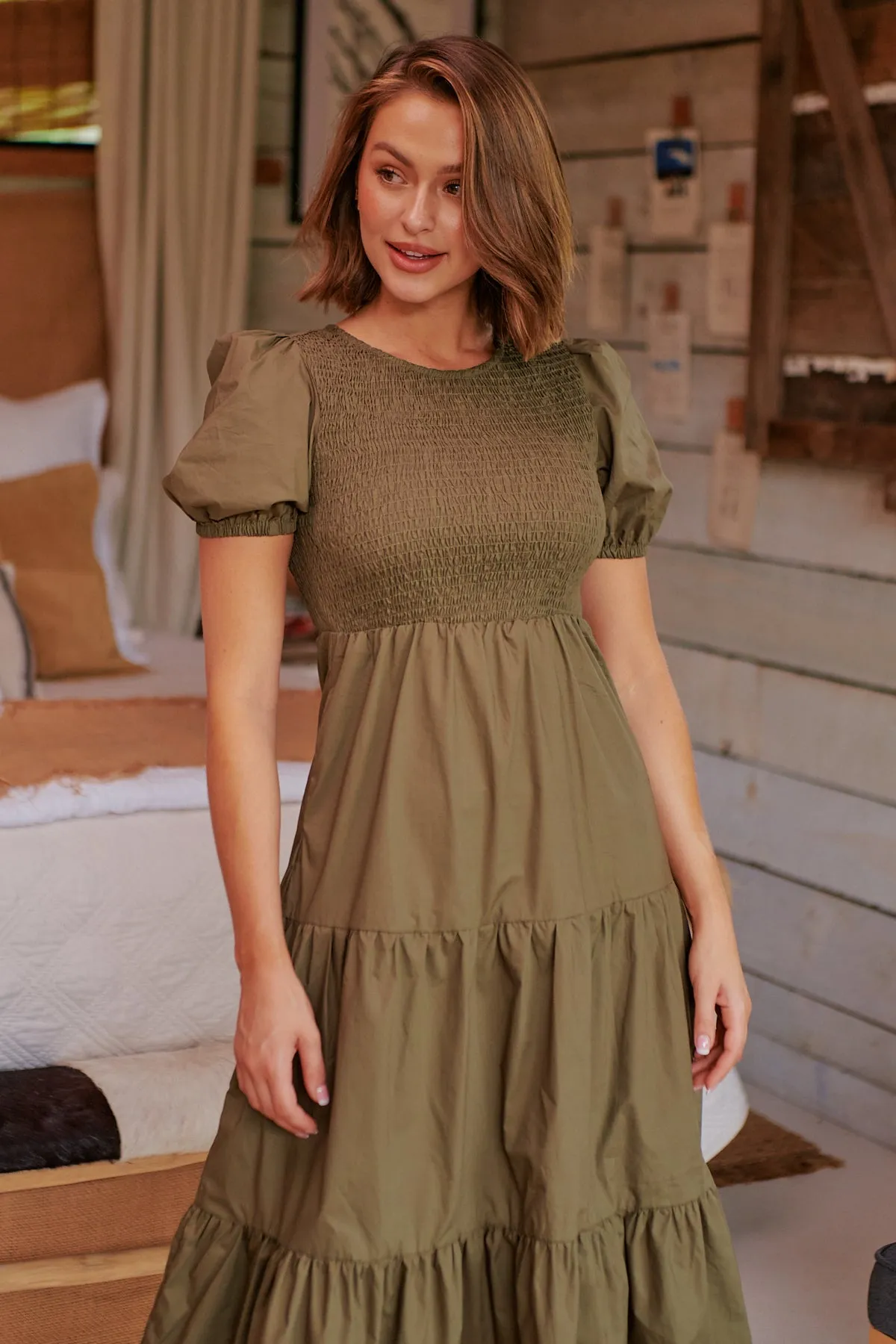 Edna Khaki Shirred Bust Tiered Maxi Dress