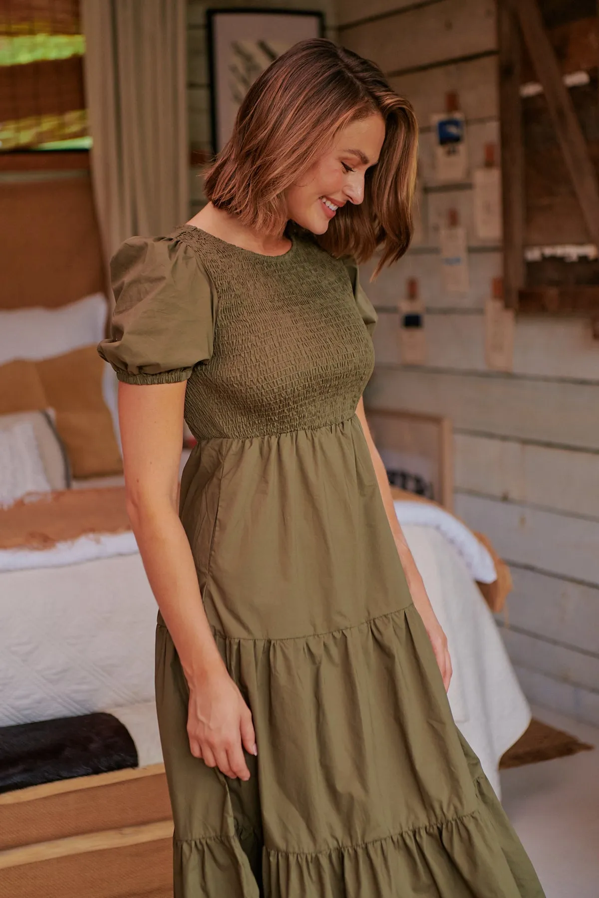 Edna Khaki Shirred Bust Tiered Maxi Dress