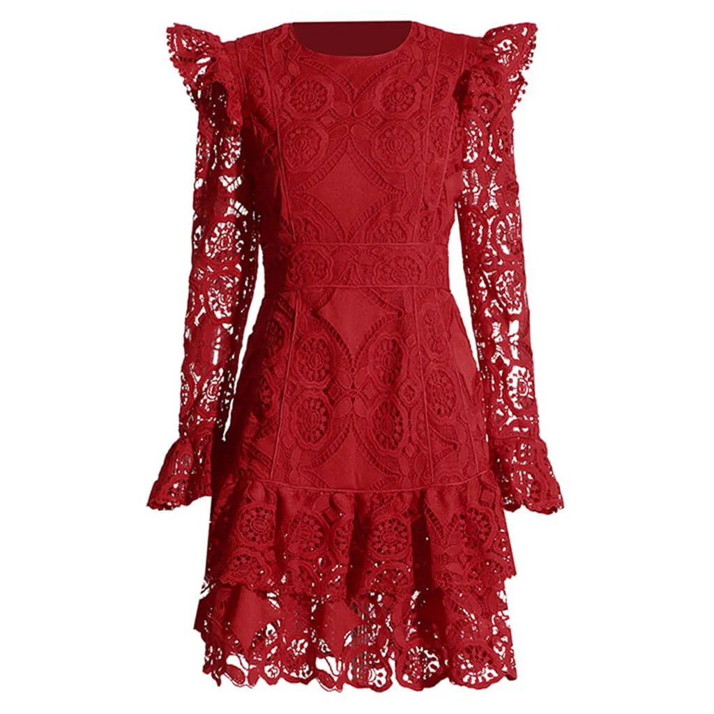 Elegant Crew Neck Bell Sleeve Ruffle Tiered Guipure Lace Mini Dress