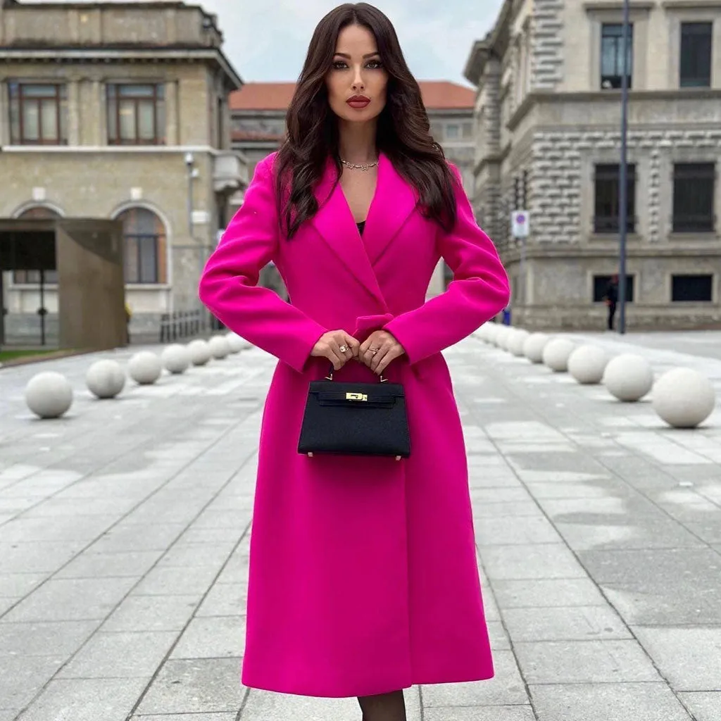 Elegant Notched Lapel Bow Waist Padded Long Sleeve Wool Blend Wrap Coat