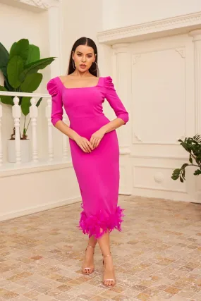 Fuchsia Crepe Skirt Feathered Midi Promise Dress