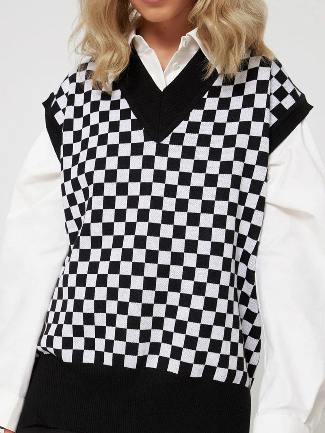 Full Size Checkered V-Neck Cap Sleeve Sweater