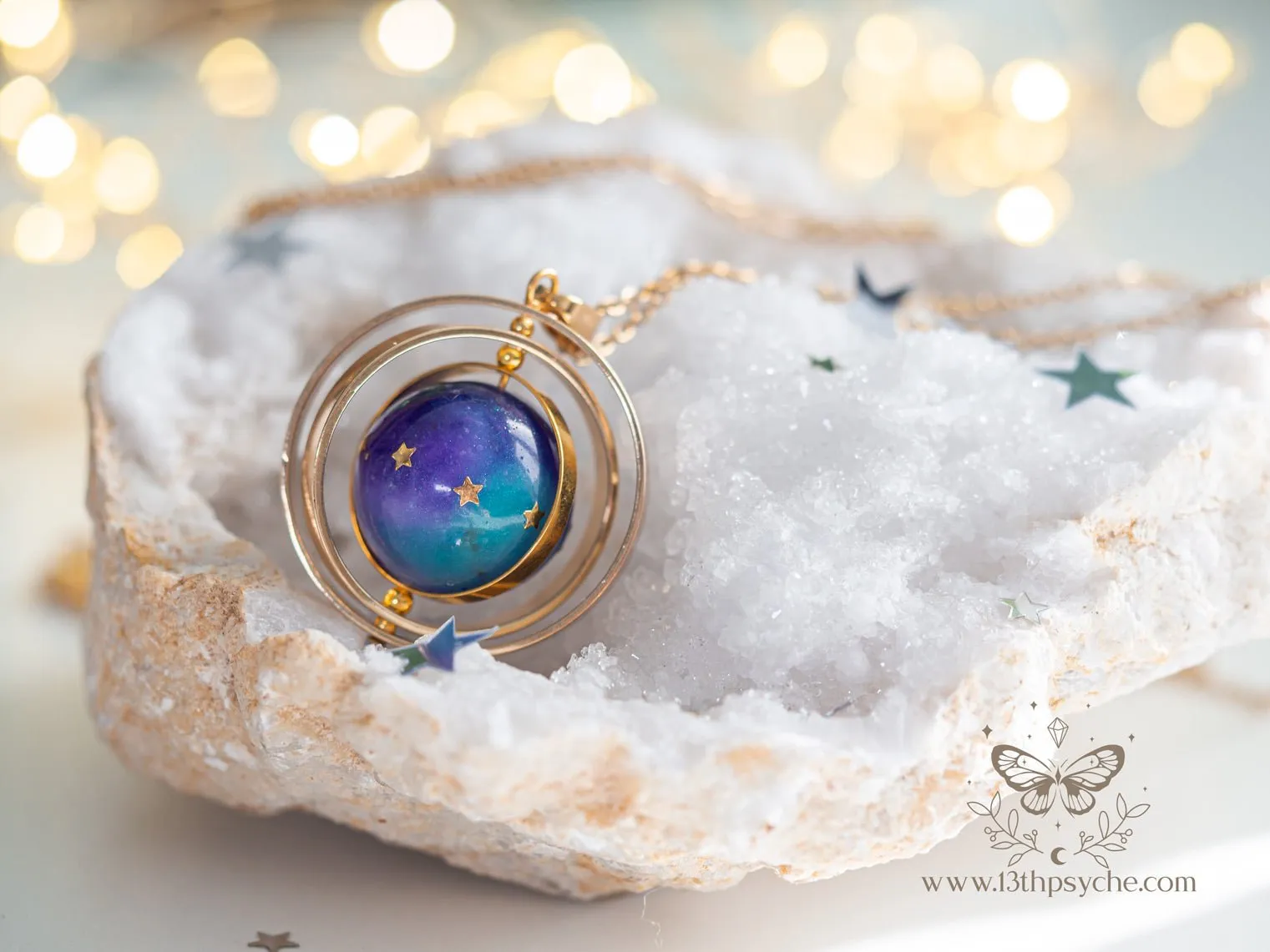 Galaxy and stars, planet spinner necklace