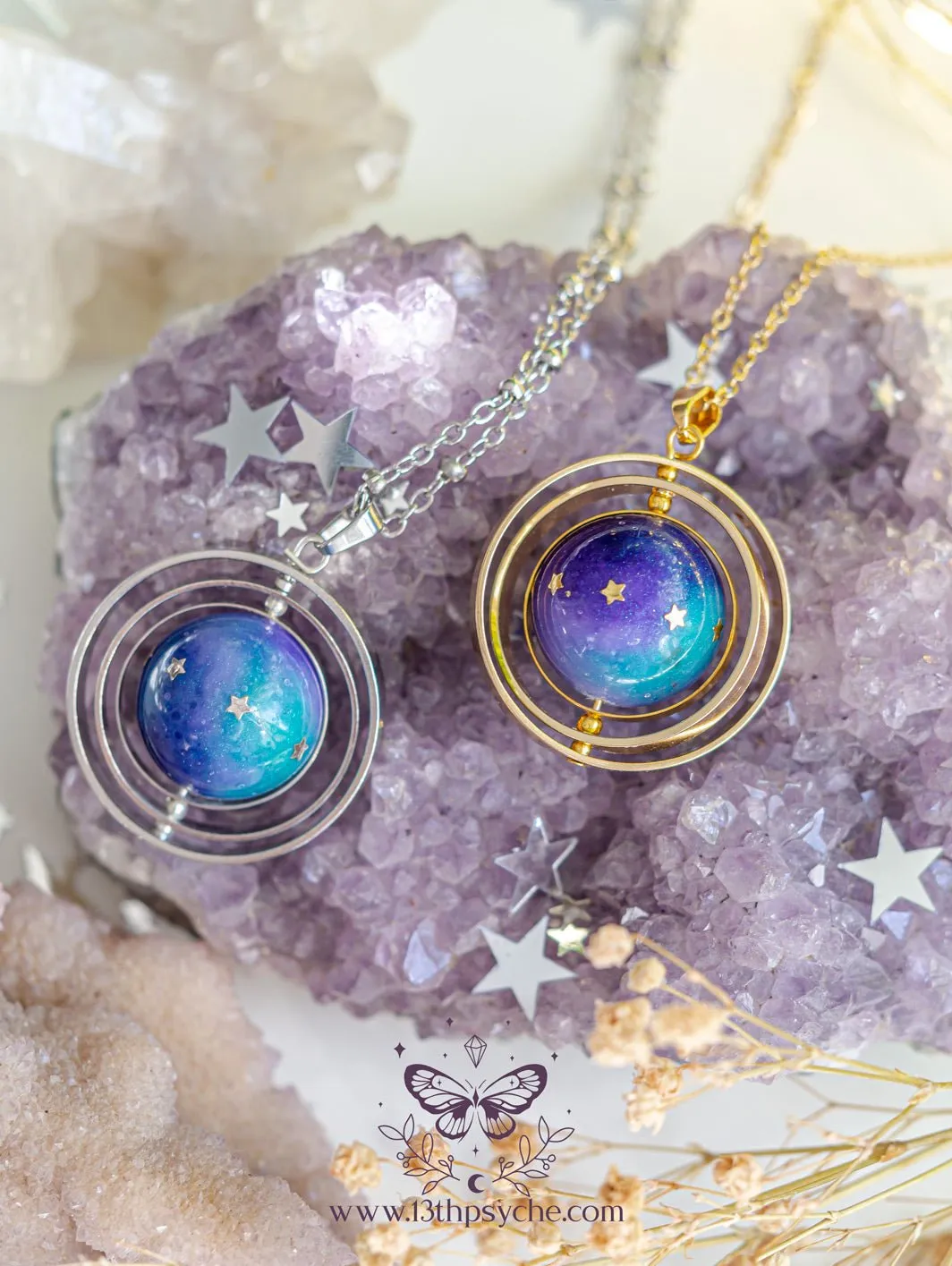 Galaxy and stars, planet spinner necklace