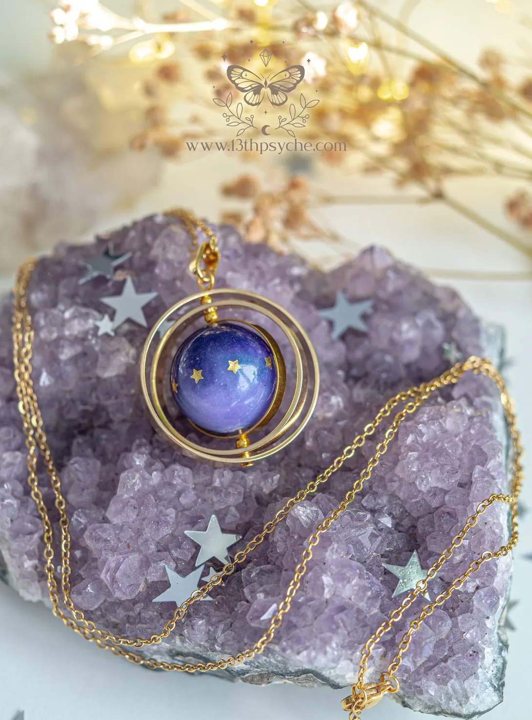 Galaxy and stars, planet spinner necklace