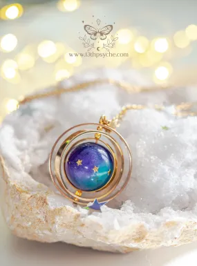 Galaxy and stars, planet spinner necklace