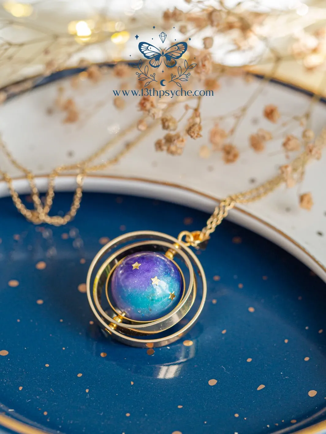 Galaxy and stars, planet spinner necklace