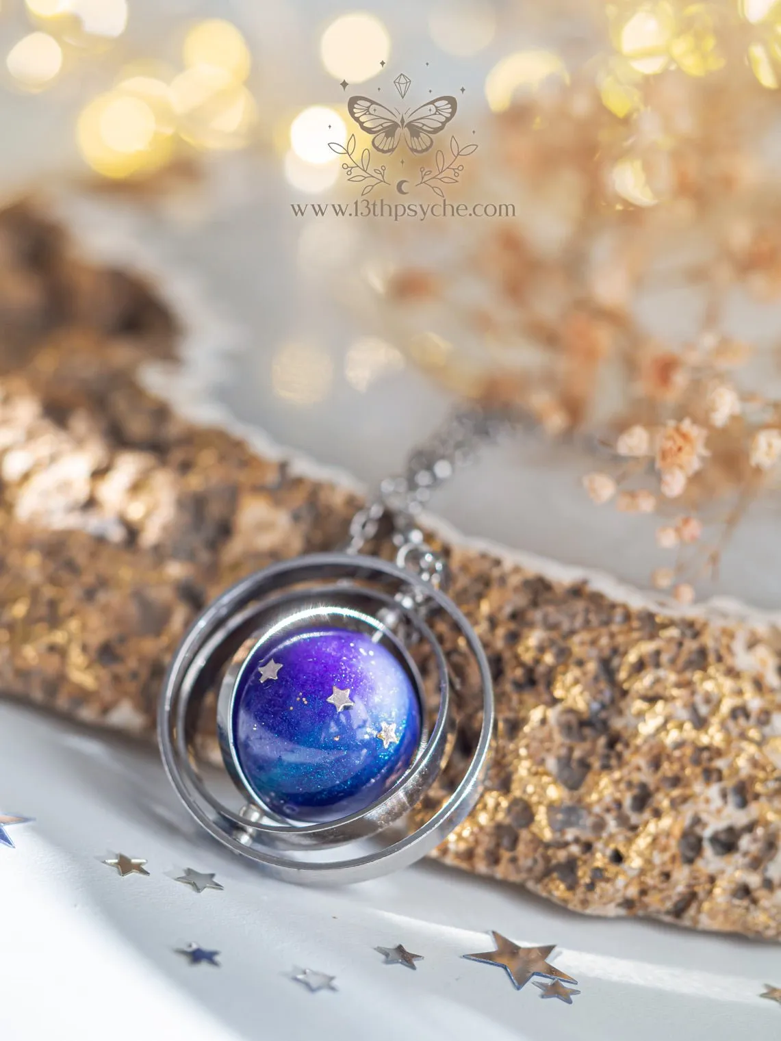 Galaxy and stars, planet spinner necklace