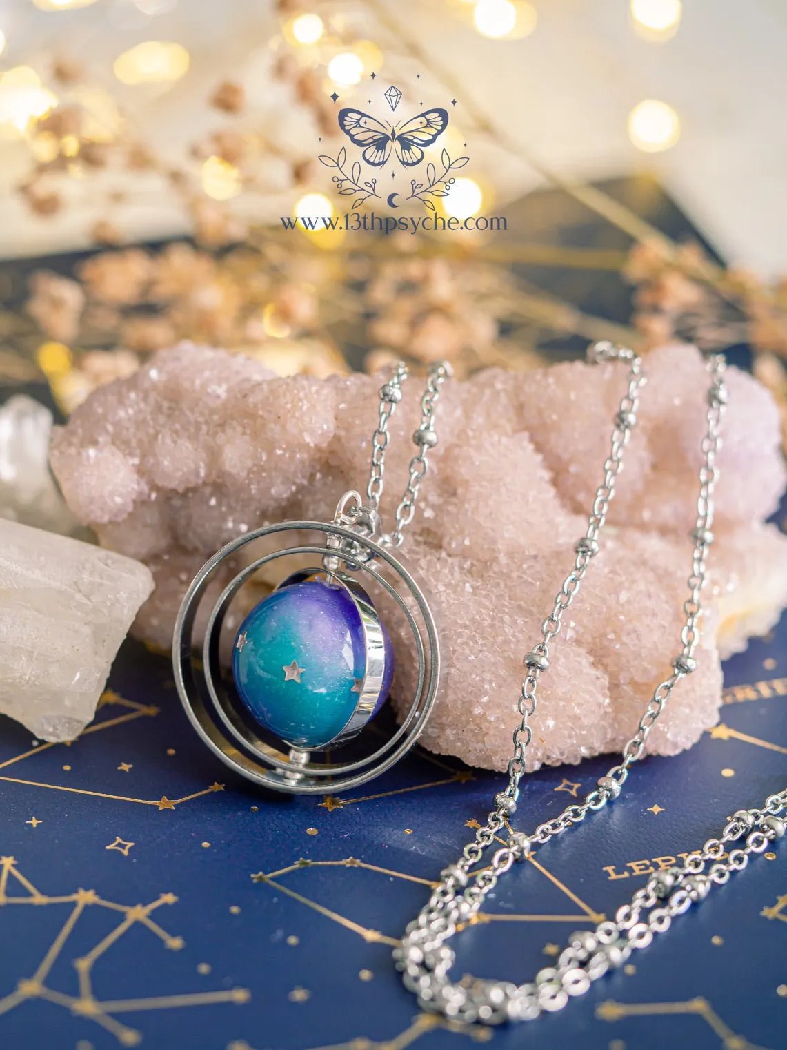 Galaxy and stars, planet spinner necklace