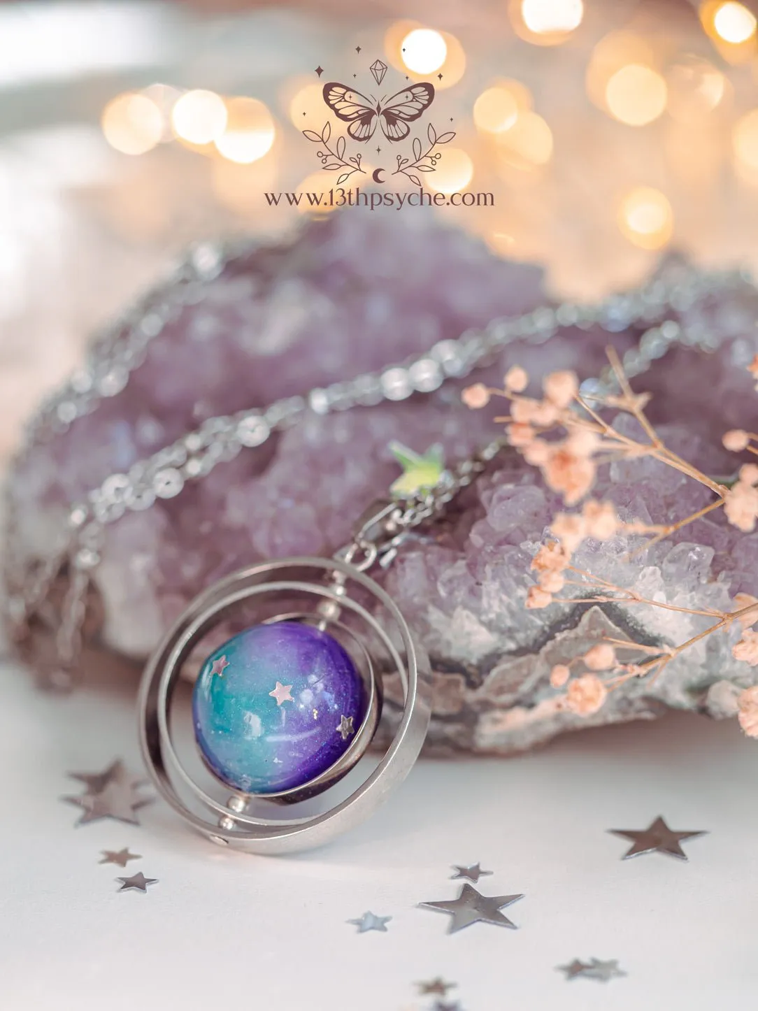 Galaxy and stars, planet spinner necklace