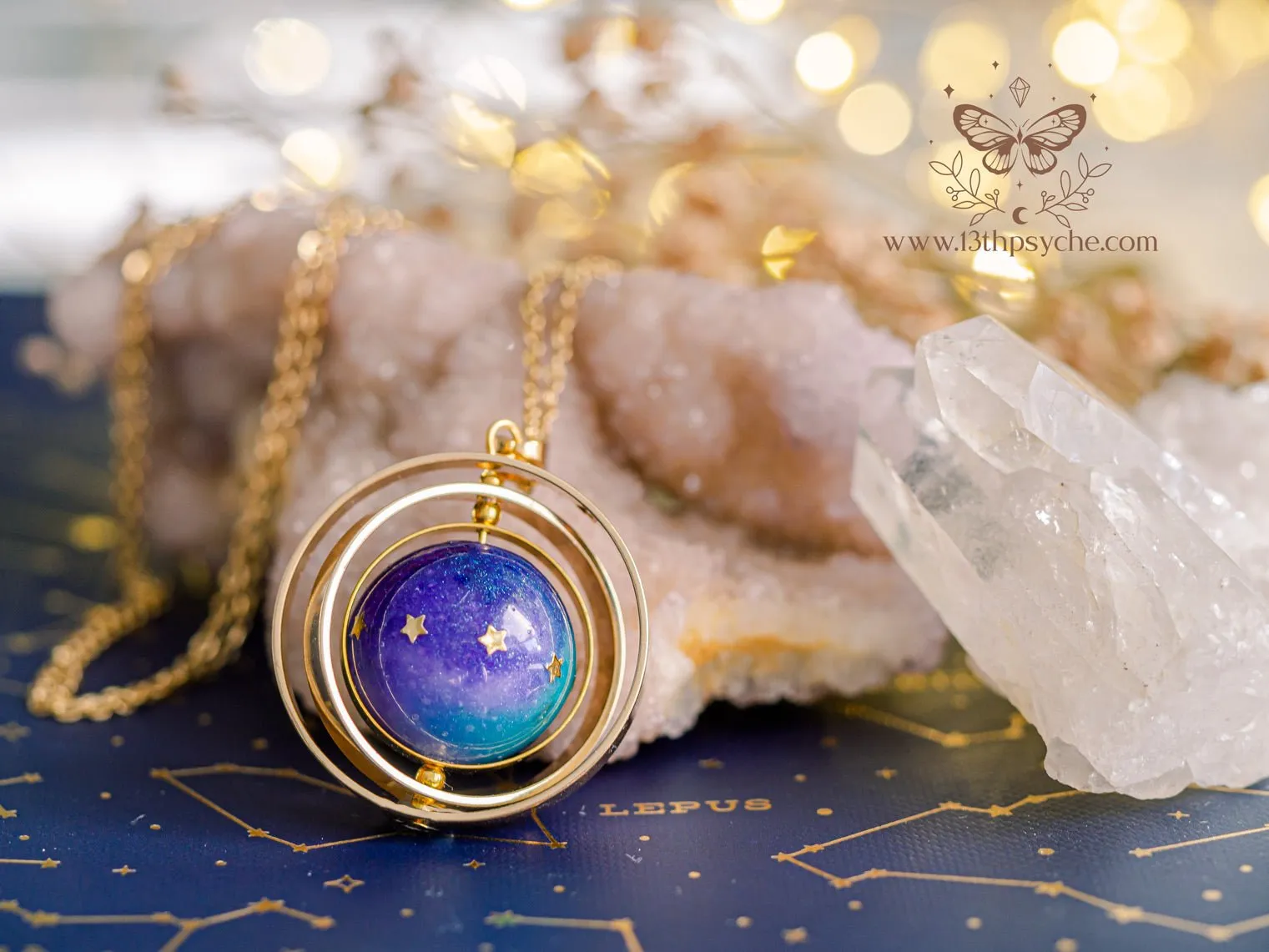 Galaxy and stars, planet spinner necklace