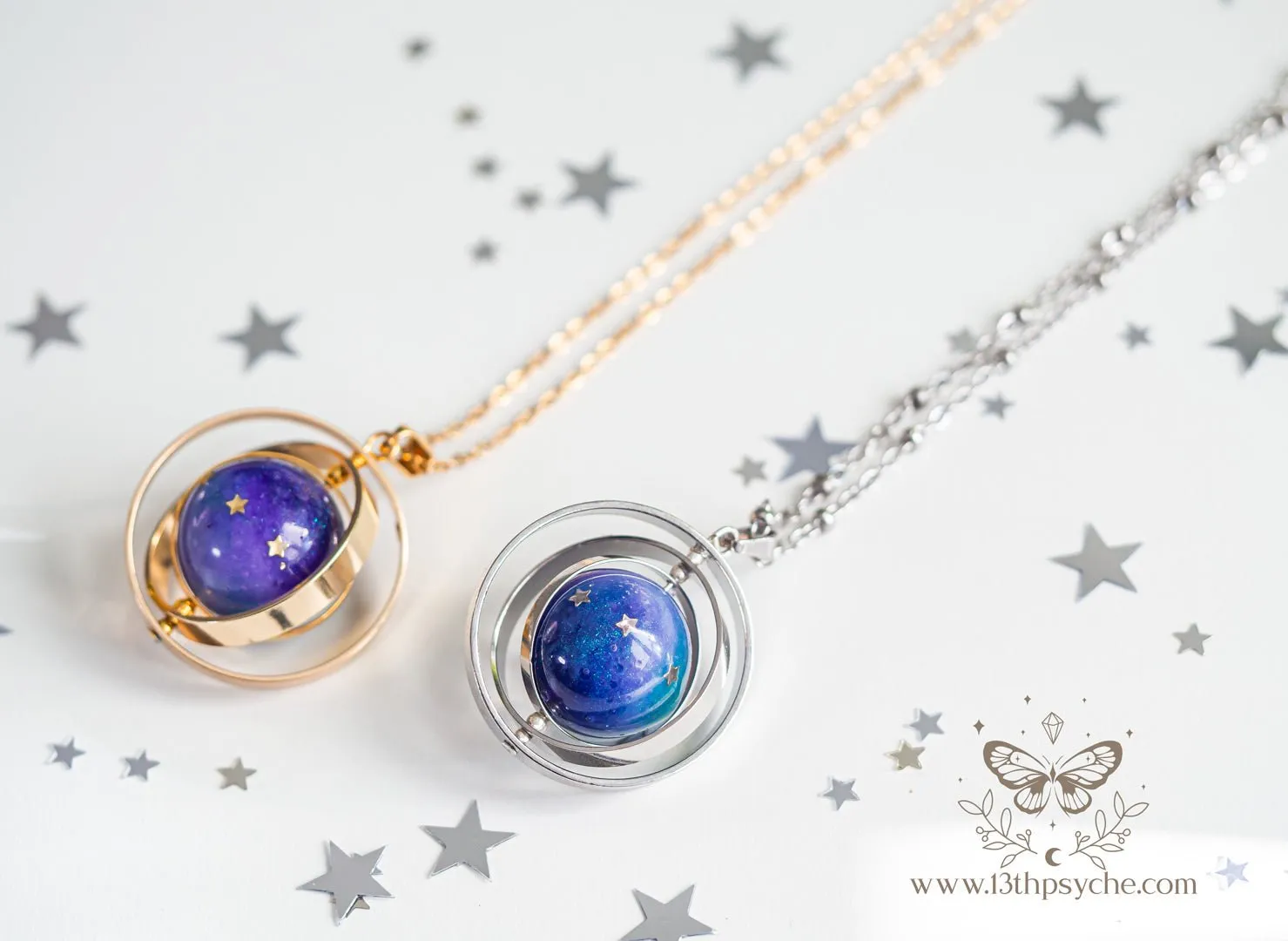 Galaxy and stars, planet spinner necklace