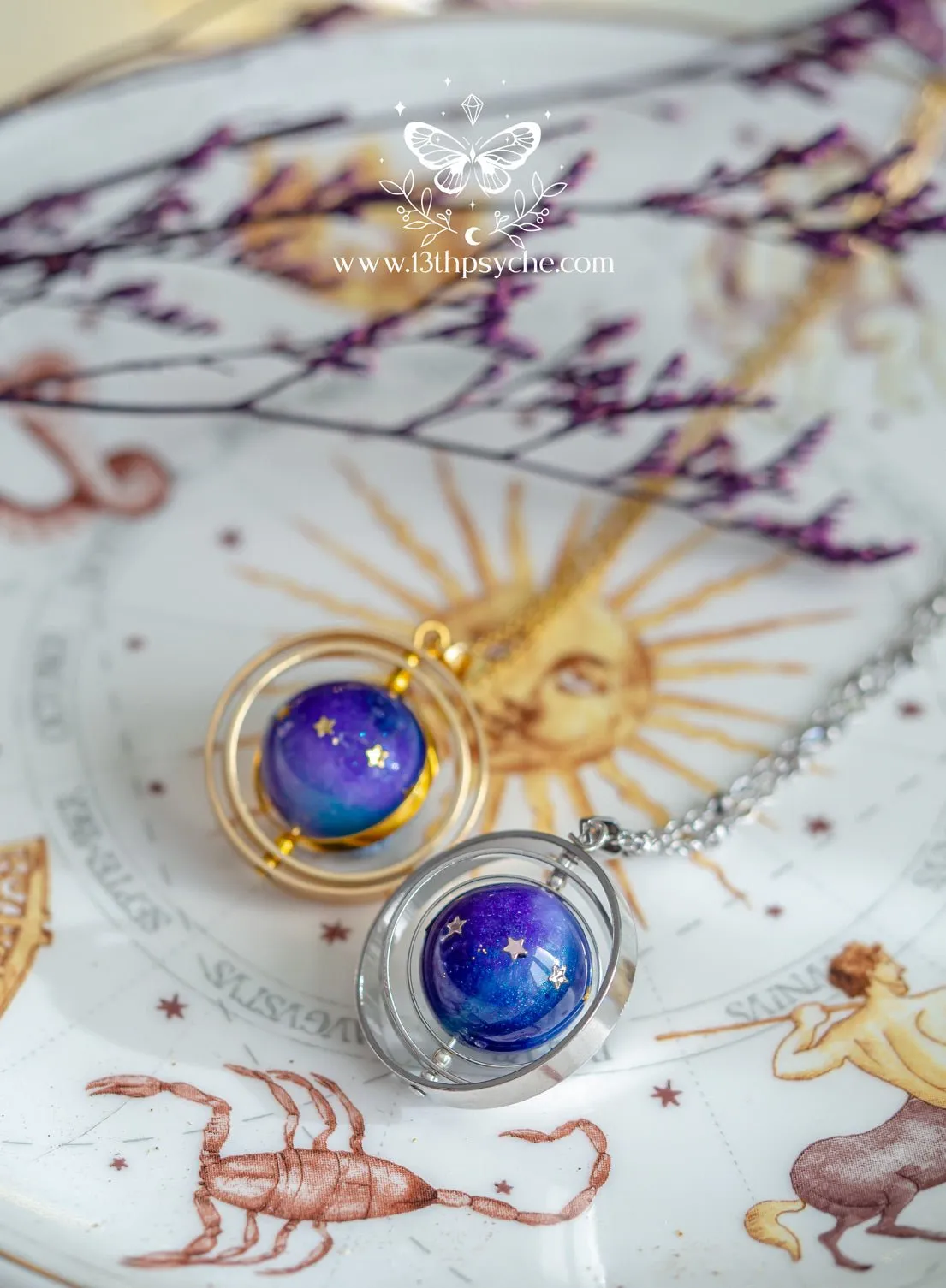 Galaxy and stars, planet spinner necklace