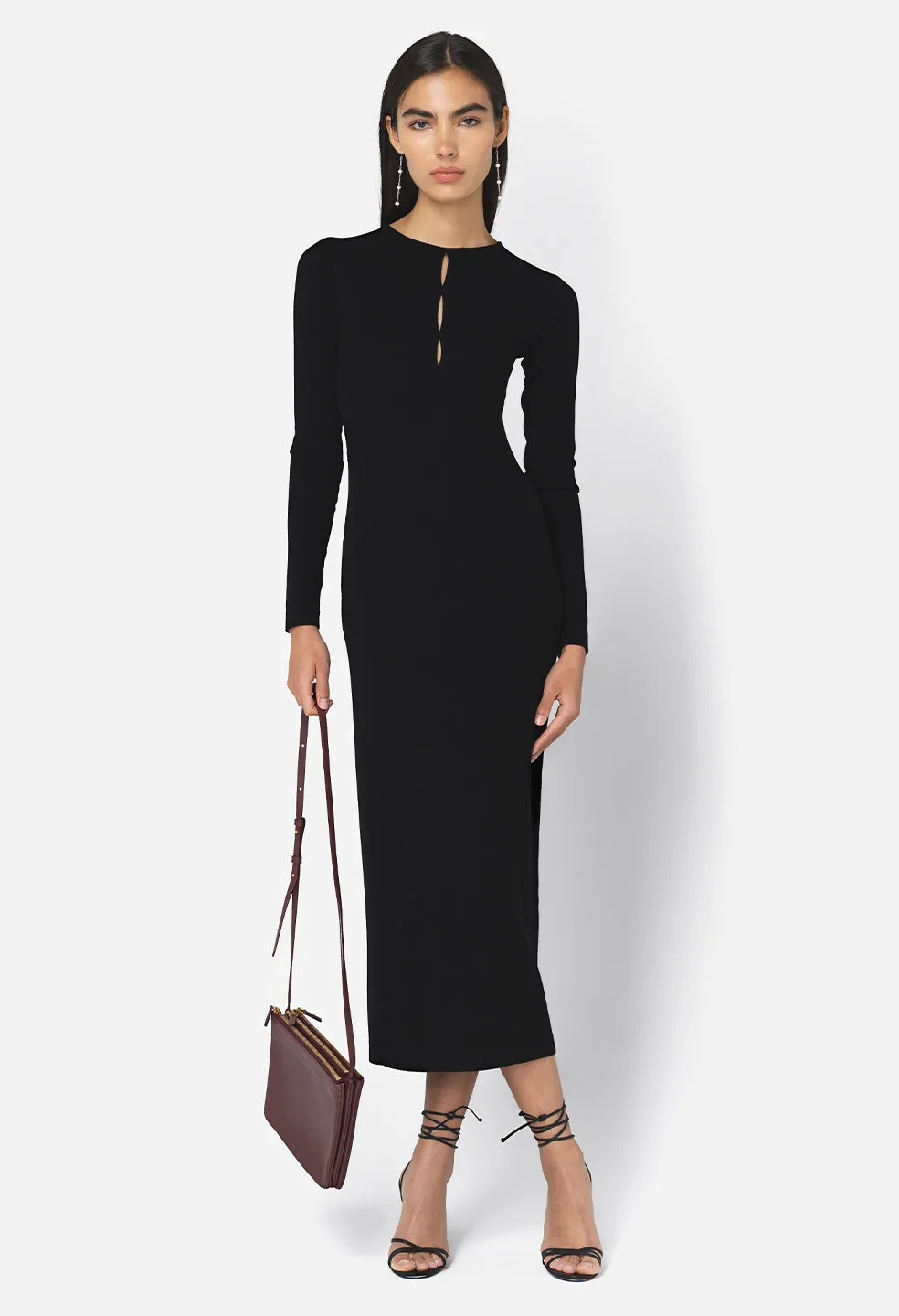 Gemini Rib Ls Keyhole Midi Dress / Black