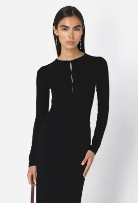 Gemini Rib Ls Keyhole Midi Dress / Black